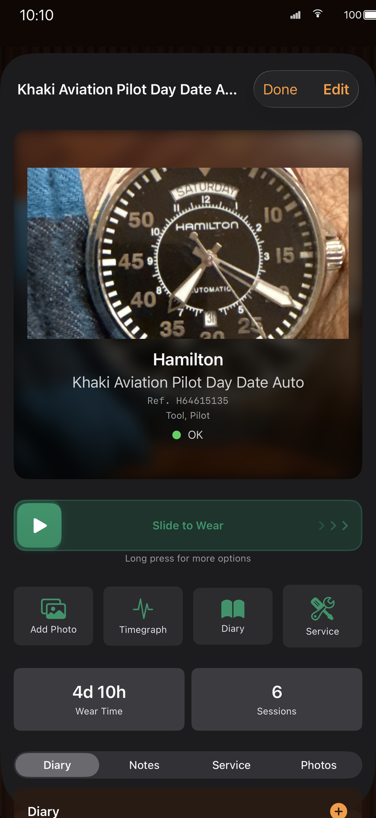 WearTime watch detail with Slide to Wear gesture